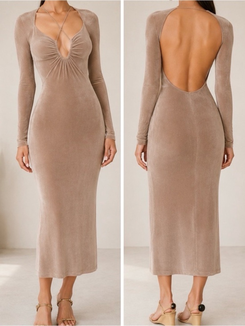 Jason Wu Engracia Khaki Tan Open Back Bodycon Vacation Resortwear Midi Dress